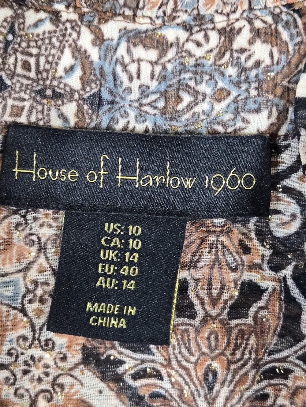 House Of Harlow 1960 Brown Tan Boho Paisley Sparkle Chiffon Peplum Dress Size 10 - Picture 3 of 16